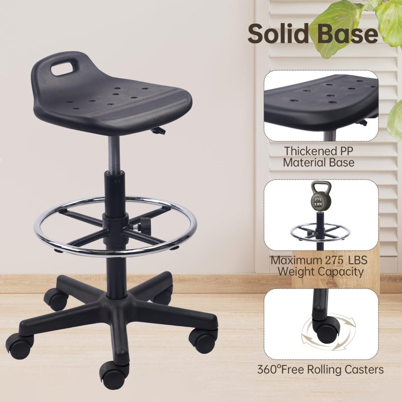 KLASIKA Drafting Rolling Stool Adjustable Height with Foot Rest Breathable Seat Cushion Swivel Stools with Wheels, Multi-Purpose Work Stool for Shop, Task, Salon, Black, 1 Pack - Image 4