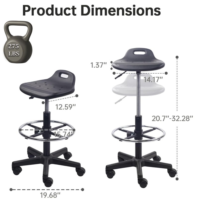 KLASIKA Drafting Rolling Stool Adjustable Height with Foot Rest Breathable Seat Cushion Swivel Stools with Wheels, Multi-Purpose Work Stool for Shop, Task, Salon, Black, 1 Pack - Image 2