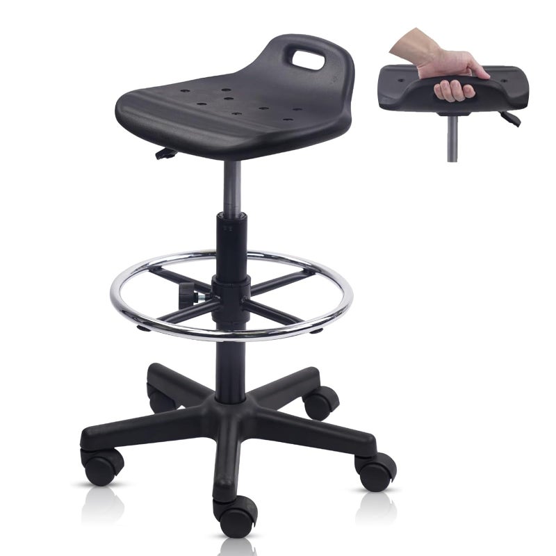 KLASIKA Drafting Rolling Stool Adjustable Height with Foot Rest Breathable Seat Cushion Swivel Stools with Wheels, Multi-Purpose Work Stool for Shop, Task, Salon, Black, 1 Pack - Image 1