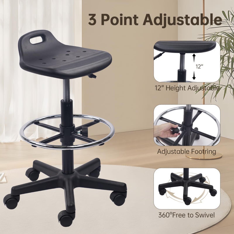 KLASIKA Drafting Rolling Stool Adjustable Height with Foot Rest Breathable Seat Cushion Swivel Stools with Wheels, Multi-Purpose Work Stool for Shop, Task, Salon, Black, 1 Pack - Image 3