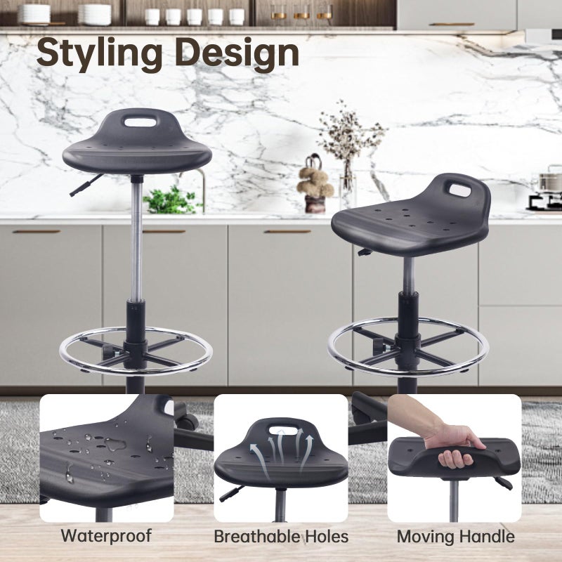 KLASIKA Drafting Rolling Stool Adjustable Height with Foot Rest Breathable Seat Cushion Swivel Stools with Wheels, Multi-Purpose Work Stool for Shop, Task, Salon, Black, 1 Pack - Image 5