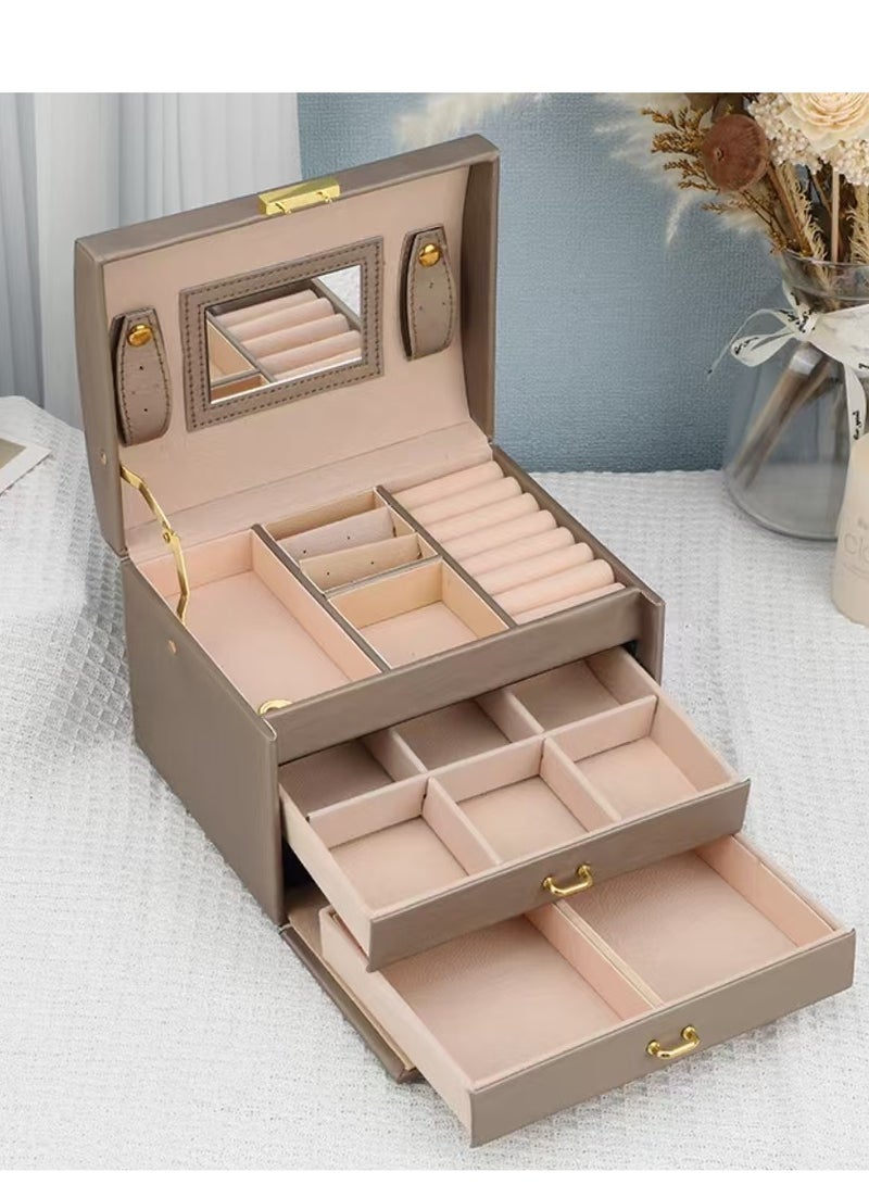 Jewellery Organiser MultiLayer PU Leather Portable Lockable Storage Box Case with Dividers Container for Rings, Earrings, Necklace Home Organizer - Champagne Gold  - Image 1