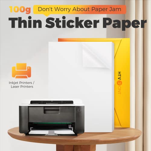 HTVRONT Printable Vinyl Sticker Paper, 100 Sheets Matte Waterproof Sticker Paper For Inkjet Printer & Laser Printer, Dries Quickly-Standard Letter Size 8.5"X11" - Image 3