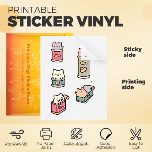 HTVRONT Printable Vinyl Sticker Paper, 100 Sheets Matte Waterproof Sticker Paper For Inkjet Printer & Laser Printer, Dries Quickly-Standard Letter Size 8.5"X11" - Image 2
