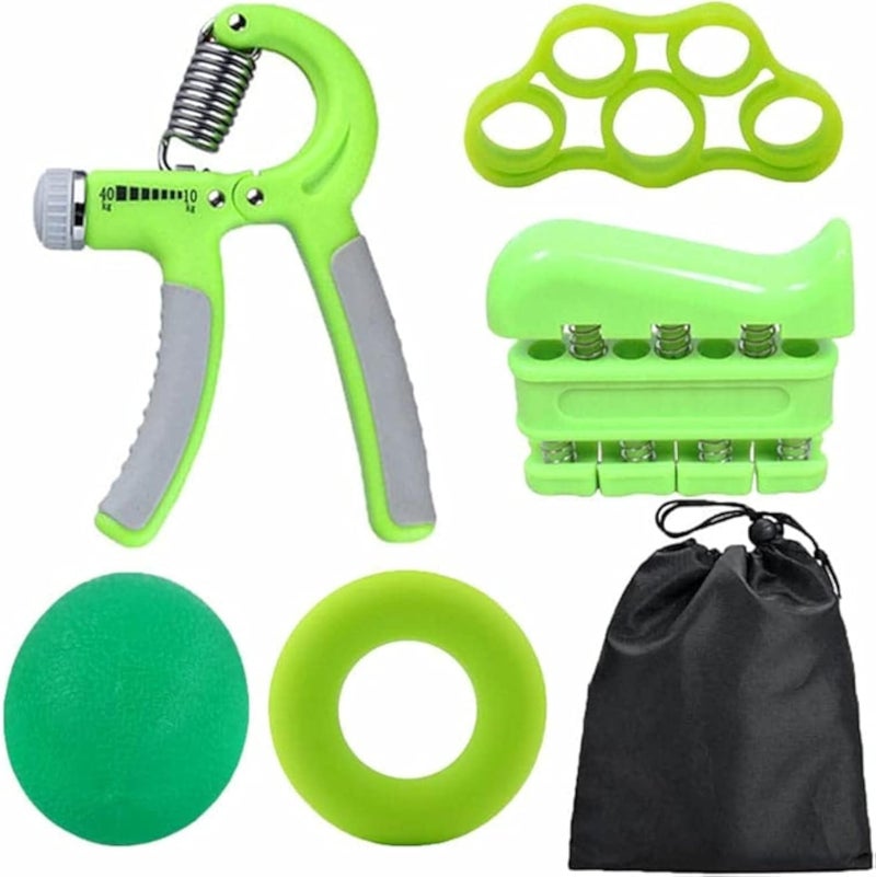 5 Equipment Hand Grips Strengthen Kit Includes Finger Training &amp; Stretch Equipment Ball, Stress Relief Ball, Grip Training Ring &amp; Forearm Trainer. Suitable for Athletes &amp; Musicians (5 Pieces, Green)