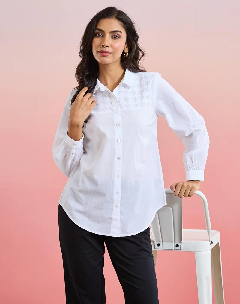White Cotton Applique Shirt