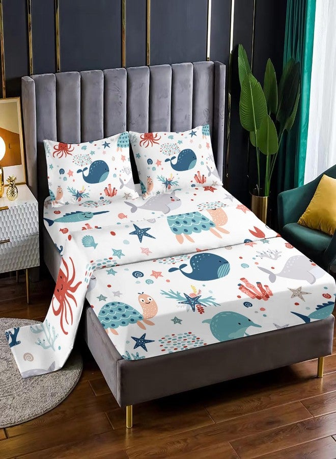 XYNHML Sea Turtle Fitted Sheet Full Beach Theme Dolphin Starfish Seaweed Bed Sheet Set 4Pcs Reptile Sea Animal Octopus Reptile Bed Cover for Teens Includes 1 Fitted Sheet,1 Flat Sheet,2 Pillowcases - Image 3