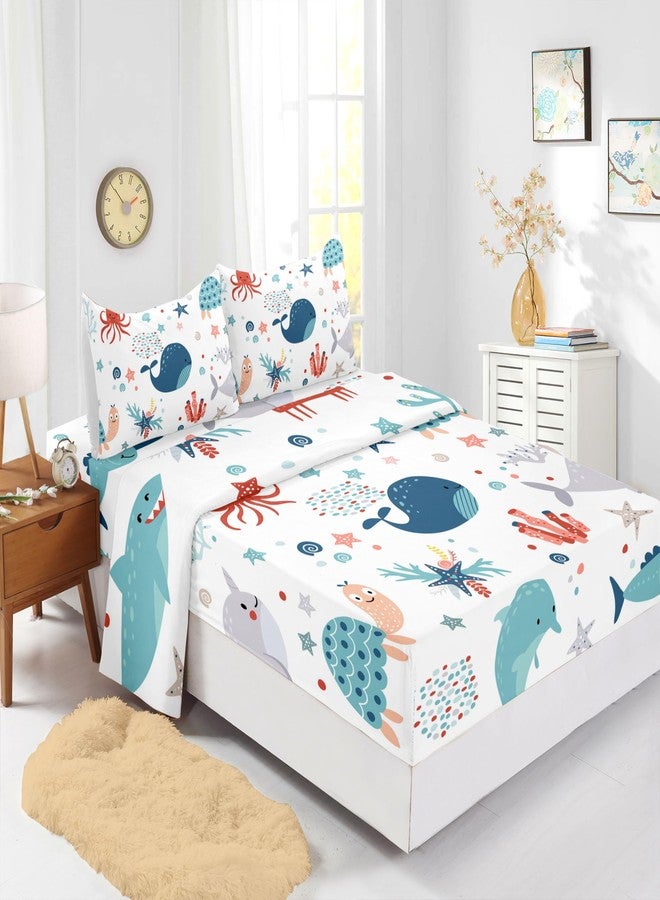 XYNHML Sea Turtle Fitted Sheet Full Beach Theme Dolphin Starfish Seaweed Bed Sheet Set 4Pcs Reptile Sea Animal Octopus Reptile Bed Cover for Teens Includes 1 Fitted Sheet,1 Flat Sheet,2 Pillowcases - Image 1