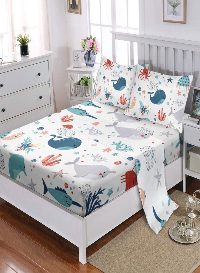 XYNHML Sea Turtle Fitted Sheet Full Beach Theme Dolphin Starfish Seaweed Bed Sheet Set 4Pcs Reptile Sea Animal Octopus Reptile Bed Cover for Teens Includes 1 Fitted Sheet,1 Flat Sheet,2 Pillowcases - Image 2