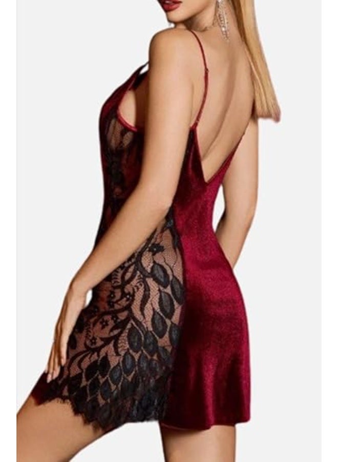 Hanady Short feminine nightgown in velvet and lace fabric – One size fits up to 80 kg – HN 9025 - Image 1