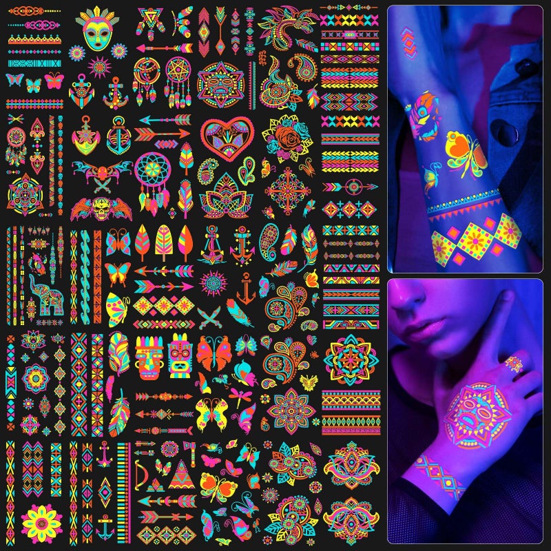 SOOVSY 201pcs Glow In the Dark Tattoos for Party Supplies, Glow Temporary Tattoos Under Neon UV Blacklight for Kids Teens and Adult, Glow in The Dark Party Decorations, Glow Party Favors - Image 1