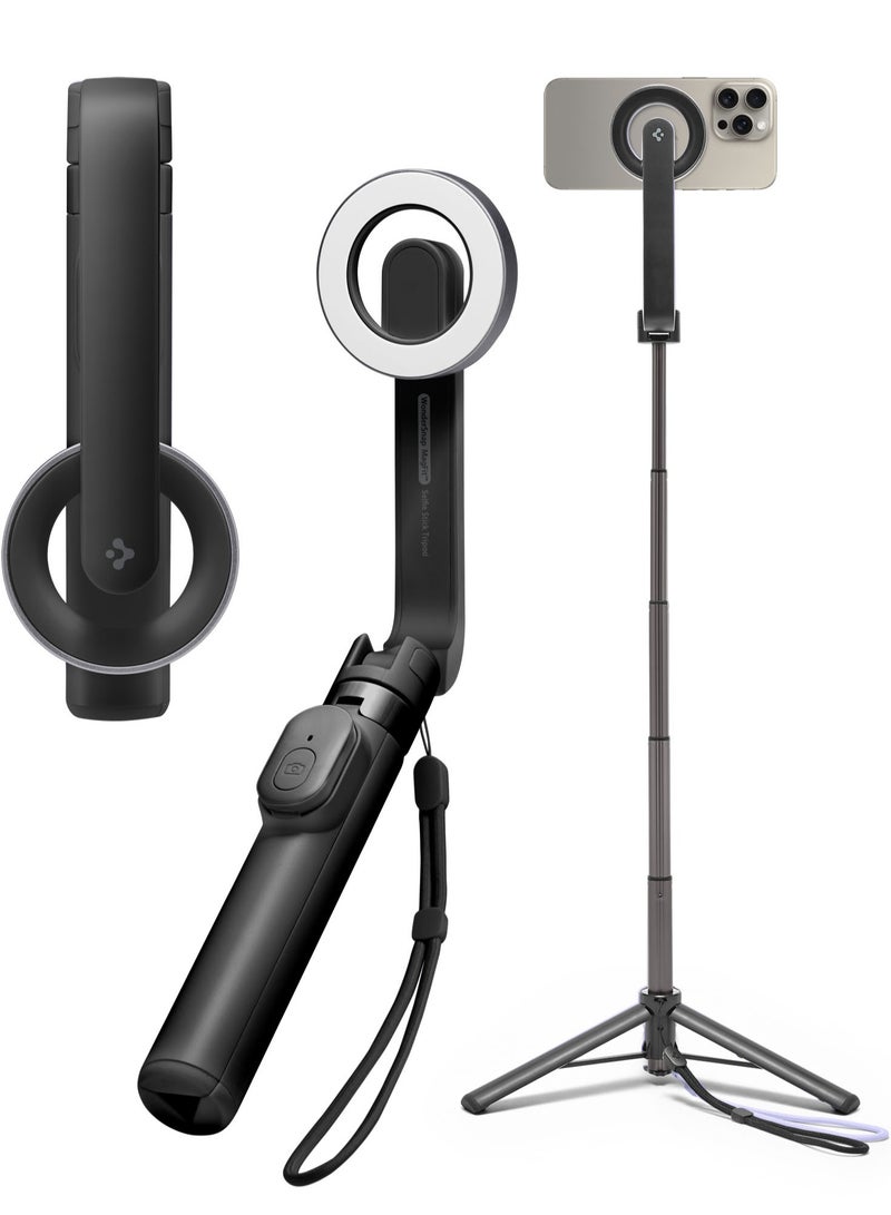 Spigen MagSafe Selfie Stick Tripod Stand (MagFit) with Bluetooth Remote Control Shutter 24" Extendable [MagSafe Metal Ring & Strap included] for iPhone 16 15 14 13 12 Pro Max & Android - Black  - Image 1