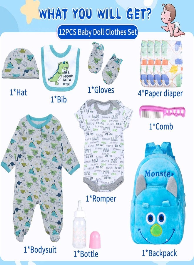 PEDOLLTREE 12 Pcs Set Reborn Baby Dolls Clothes Outfit Accessories Blue Dinosaur Set for 17-22 Inch Reborn Doll Newborn Boy with Monster Backpack Diaper - Image 2