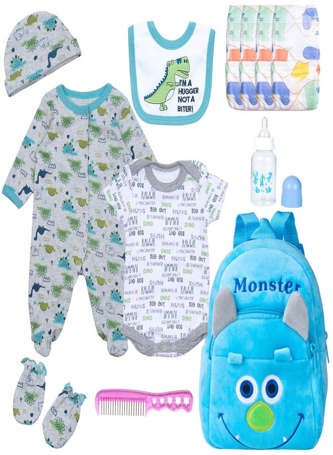 PEDOLLTREE 12 Pcs Set Reborn Baby Dolls Clothes Outfit Accessories Blue Dinosaur Set for 17-22 Inch Reborn Doll Newborn Boy with Monster Backpack Diaper - Image 1