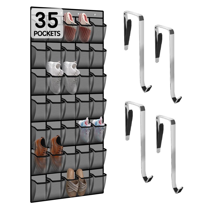 Kotkn 35 Compartment Over The Door Storage Breathable Mesh Hanging Organizer with Large Pockets Space Saving Design for Men Womens Footwear Closet Bedroom Gray - Image 2