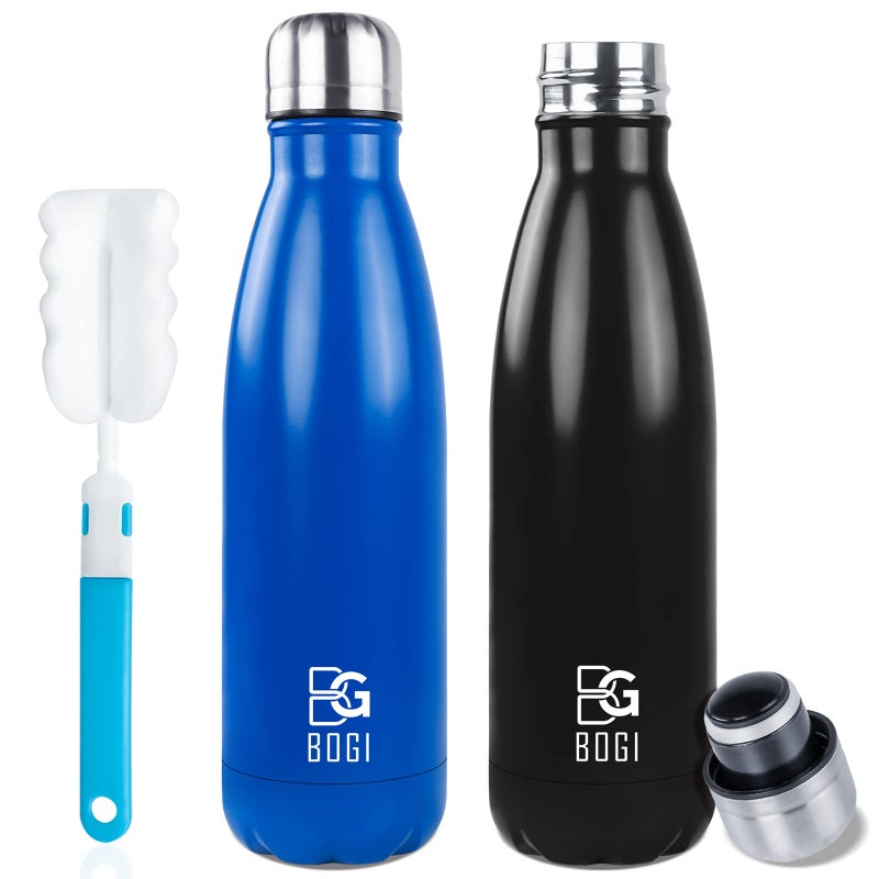 BOGI Insulated Water Bottle 17oz 2 Pack Stainless Steel Water Bottles Leak Proof Sports Metal Water Bottles Keep Drink Cold for 24 Hours and Hot for 12 Hours BPA Free kids water bottle for School