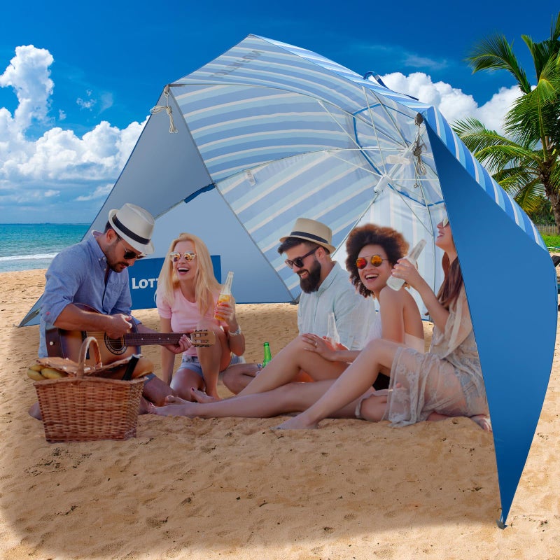 LOTTAFUN مظلة شاطئية لوتافون بريميير UPF 50+ لحماية من الشمس والمطر للبالغين (10 أقدام، مخطط أزرق) - Image 1