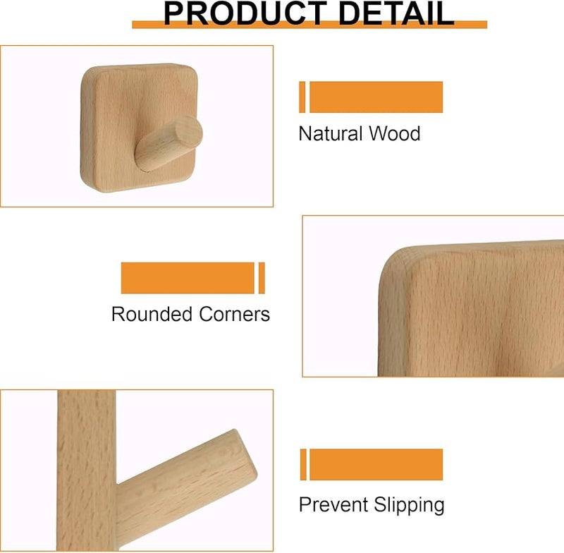 خطافات حائط خشبية مربعة 4 قطع معلقات ذاتية اللصق مقاومة للماء للمنزل الحمام المطبخ - Image 5