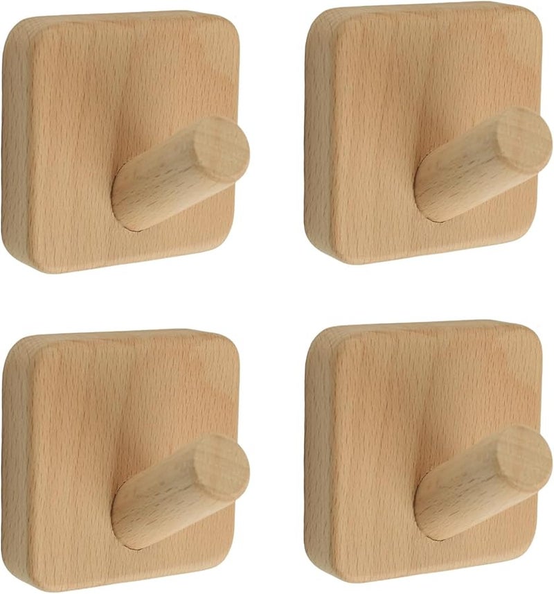 خطافات حائط خشبية مربعة 4 قطع معلقات ذاتية اللصق مقاومة للماء للمنزل الحمام المطبخ - Image 1