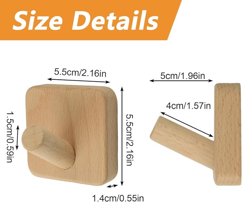 خطافات حائط خشبية مربعة 4 قطع معلقات ذاتية اللصق مقاومة للماء للمنزل الحمام المطبخ - Image 3