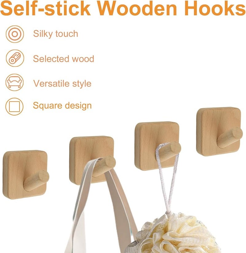 خطافات حائط خشبية مربعة 4 قطع معلقات ذاتية اللصق مقاومة للماء للمنزل الحمام المطبخ - Image 4