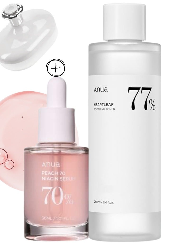 Anua Brightening and Soothing Skincare Set - 77 Soothing Toner and Peach 70% Niacinamide Serum for Hydrated - Even-Toned - and Radiant Skin - Face Scrubber - 280ml - Image 1