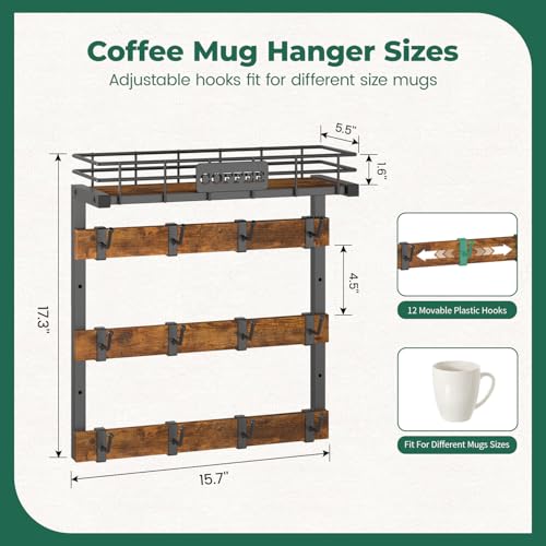 EsLuker.ly EsLukerly Coffee Mug Holder Wall Mounted Display Rack Black Metal Cup Hanger Organizer with 12 Movable Plastic Hooks Wood Rustic Shelf for Coffee Bar Home Kitchen Thoughtful Wall Storage - Image 3