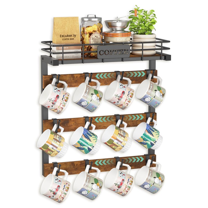 EsLuker.ly EsLukerly Coffee Mug Holder Wall Mounted Display Rack Black Metal Cup Hanger Organizer with 12 Movable Plastic Hooks Wood Rustic Shelf for Coffee Bar Home Kitchen Thoughtful Wall Storage - Image 2