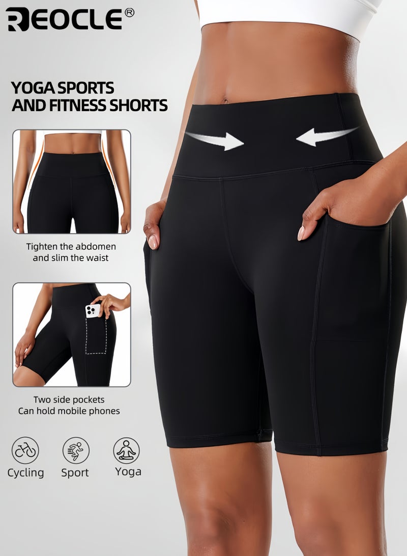 REOCLE Women's High Waisted Yoga Shorts with Double Side Pockets Tummy Control Butt Lifting Stretchy Fitness Shorts for Running Cycling and Training Quick Dry High Elasticity Fabric Solid Color Workout Shorts for Sports and Activewear - Image 1