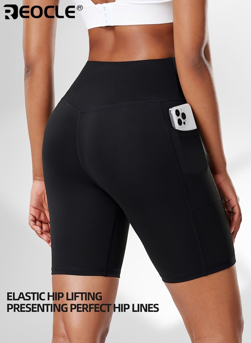 REOCLE Women's High Waisted Yoga Shorts with Double Side Pockets Tummy Control Butt Lifting Stretchy Fitness Shorts for Running Cycling and Training Quick Dry High Elasticity Fabric Solid Color Workout Shorts for Sports and Activewear - Image 5