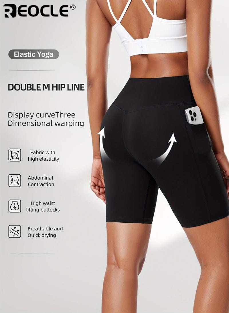 REOCLE Women's High Waisted Yoga Shorts with Double Side Pockets Tummy Control Butt Lifting Stretchy Fitness Shorts for Running Cycling and Training Quick Dry High Elasticity Fabric Solid Color Workout Shorts for Sports and Activewear - Image 2