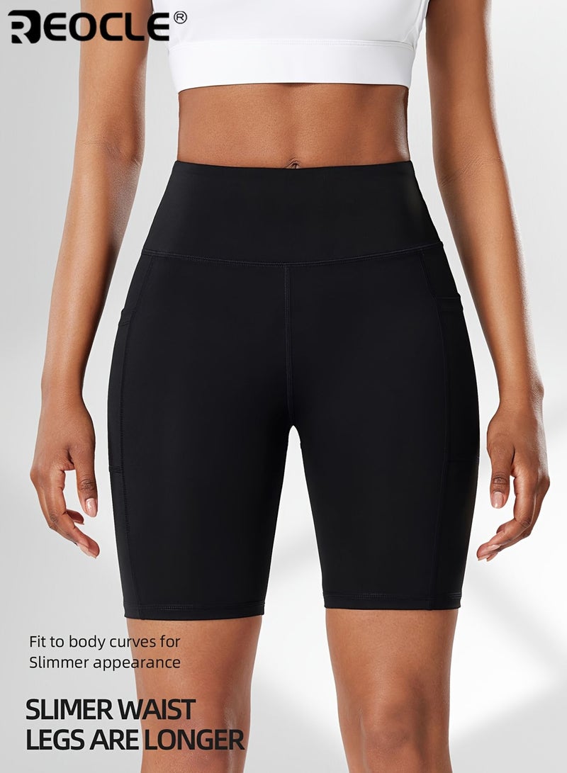 REOCLE Women's High Waisted Yoga Shorts with Double Side Pockets Tummy Control Butt Lifting Stretchy Fitness Shorts for Running Cycling and Training Quick Dry High Elasticity Fabric Solid Color Workout Shorts for Sports and Activewear - Image 3