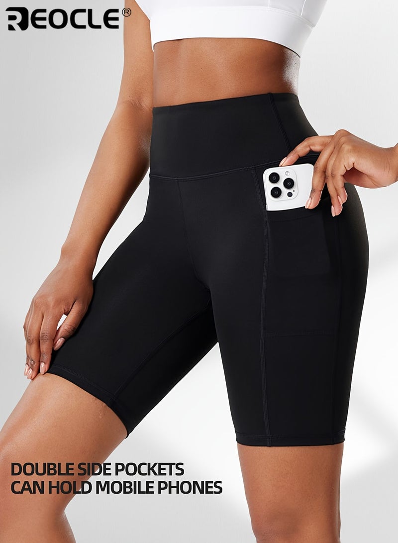REOCLE Women's High Waisted Yoga Shorts with Double Side Pockets Tummy Control Butt Lifting Stretchy Fitness Shorts for Running Cycling and Training Quick Dry High Elasticity Fabric Solid Color Workout Shorts for Sports and Activewear - Image 4