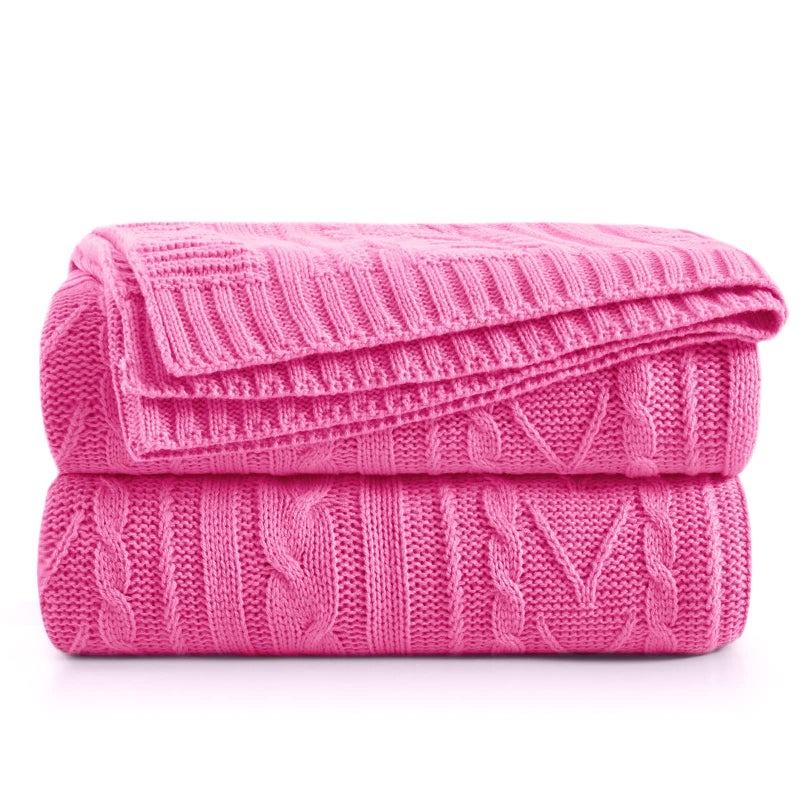 Aormenzy Hot Pink Cable Knit Throw Blankets for Couch Bed Sofa Acrylic Knitted Blanket Soft Cozy Throw Blanket 50 x 60