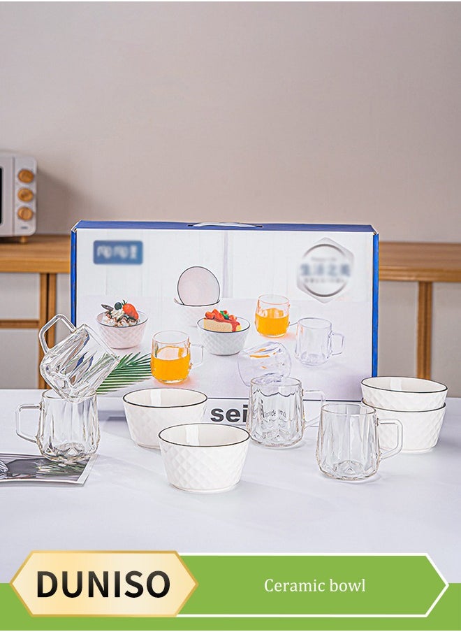DUNISO 8pcs  White Premium Porcelain Dinner Set Microwave & Dishwasher Safe Japanese style simplicity Dinnerware Set with 4 Pcs Bowls and 4 Pcs cup Scratch Resistant, White  - Image 1