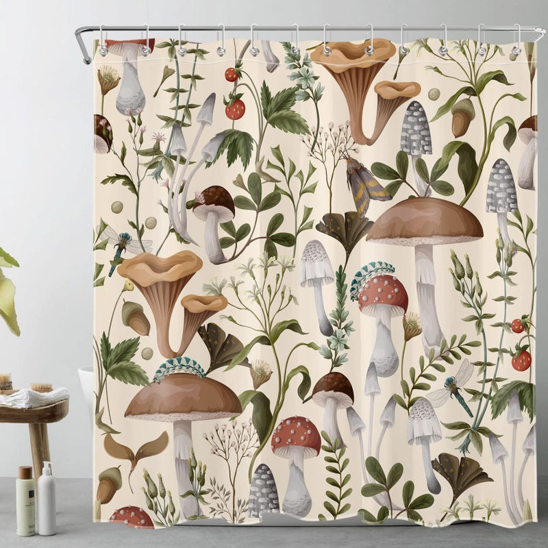 HVEST 70s Mushroom Shower CurtainVarious Mushrooms and Leaves on Beige Background Bathroom Curtain with HooksVintage Plant Bath Polyester Fabric Decor Accessories72x72 InchesYL30139Q