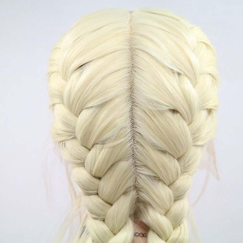 613Color Light Yellow Blonde Wig Synthetic Braid Wig Lace Front Wigs For Women Hair With Baby Hair Peruvian Full Blonde Straight Long Double Braid Wig Middle Part