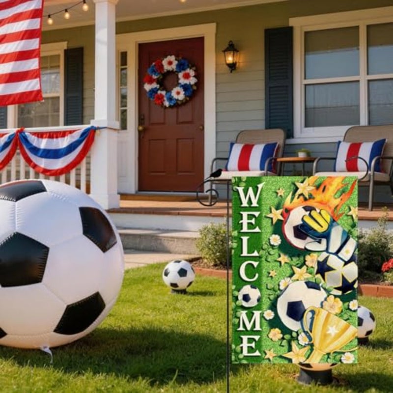 ترحيب لكرة القدم العشب الكأس الزهور كأس العالم حديقة العلم 12x18 بوصة مزدوجة من جانب صغير ساحة العلم الصغيرة في الهواء الطلق خارج لقضاء عطلة لعبة يوم كرة القدم الطرف - Image 2