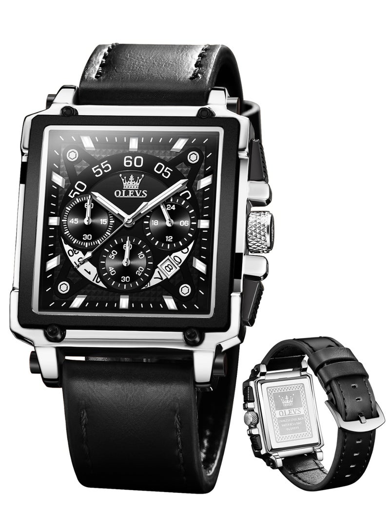 أوليفز ساعات OLEVS للرجال كوارتز كرونوغراف جلد فاخر مقاوم للماء ومضيئة كاجوال مربعة للأعمال ساعات معصم 9919 - Image 1