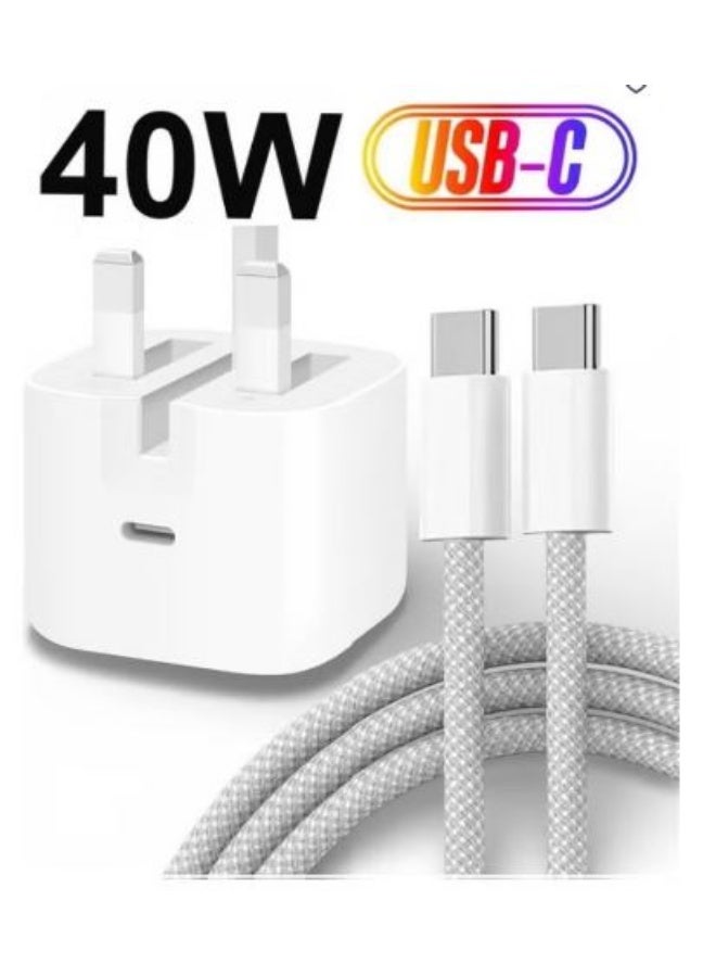 محول طاقة ديناميكي 40 واط بقدرة قصوى 60 واط مع كابل USB-C إلى USB-C لأجهزة iPhone، لون أبيض - Image 1