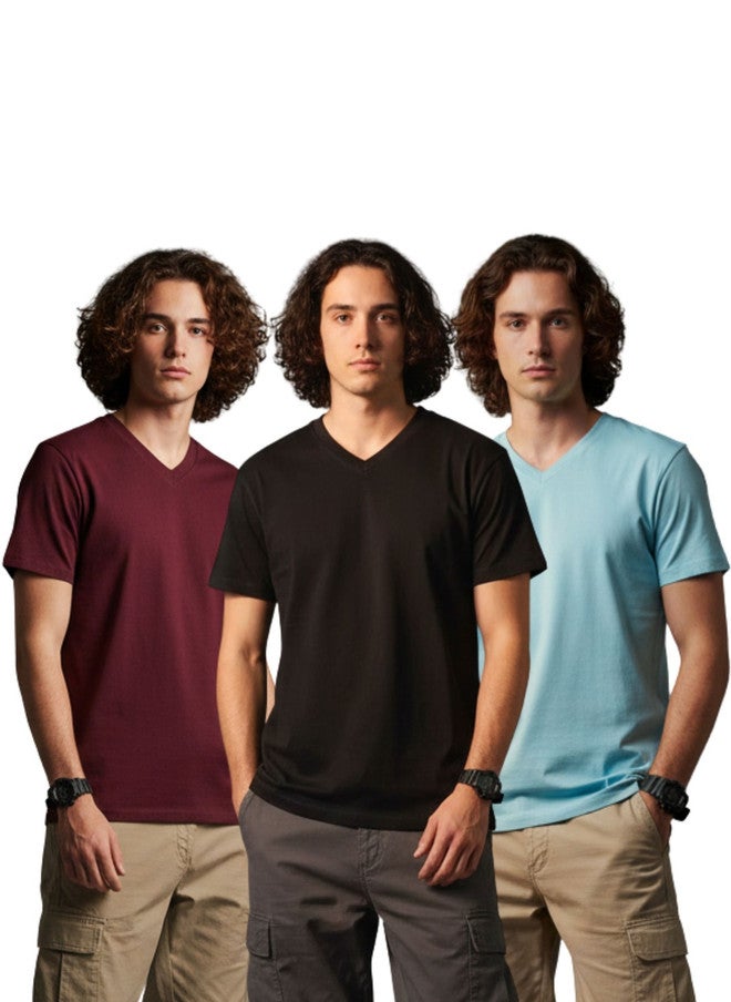 OUTLAWS باقة OUTLAWS من 3 تي شيرتات ذات ياقة على شكل V للرجال باللون الماروني والأسود والأزرق - Image 1