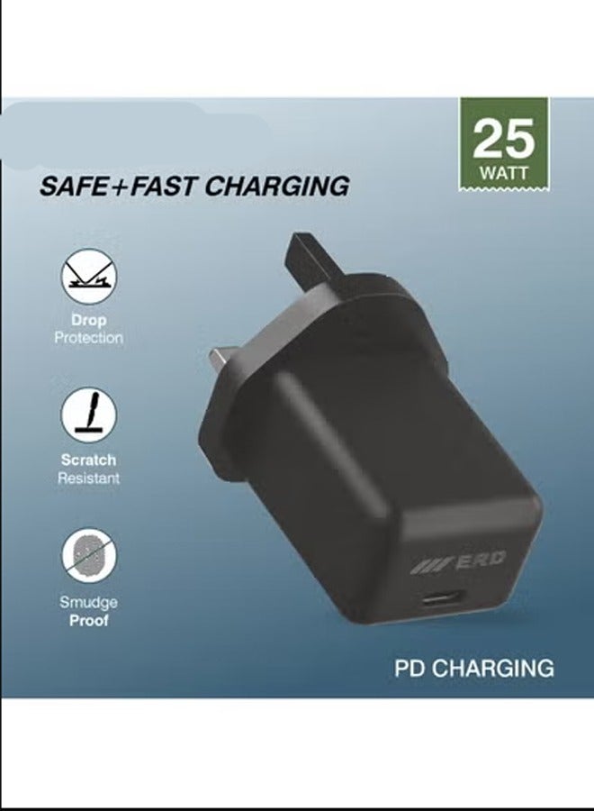 ERD شاحن سريع ERD بقوة 25 واط بتقنية PD، محول طاقة USB من النوع C | شحن سريع بمنفذ واحد | حماية من قصر الدائرة والحمل الزائد | متوافق مع أجهزة سامسونج جالاكسي S25، S24، S23، سلسلة A، وغيرها من أجهزة USB-C - Image 1