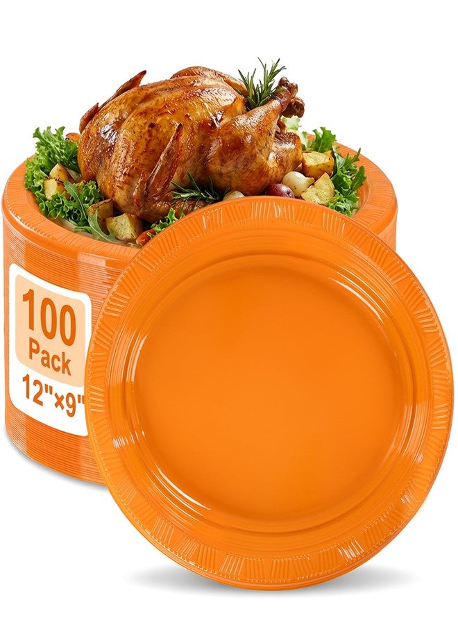 WELLIFE 100pcs Orange 12 Inch Oval Plastic Plates, Disposable Durable Oval Serving Platters, Large Plastic Oval Dinner Plates for Camping, Fall Party, Outdoor BBQ, Picnic & Harvest Events - Image 1