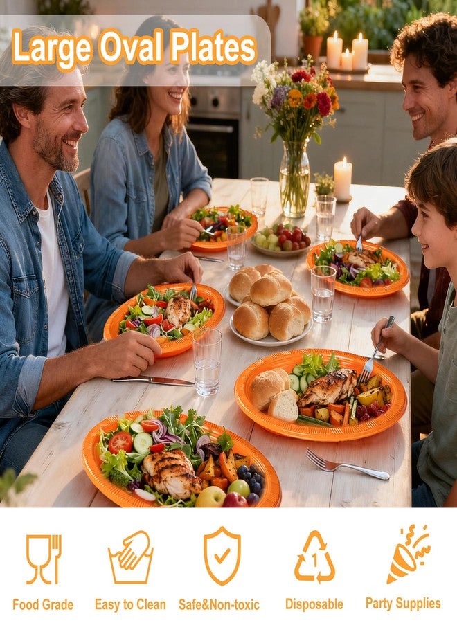 WELLIFE 100pcs Orange 12 Inch Oval Plastic Plates, Disposable Durable Oval Serving Platters, Large Plastic Oval Dinner Plates for Camping, Fall Party, Outdoor BBQ, Picnic & Harvest Events - Image 4