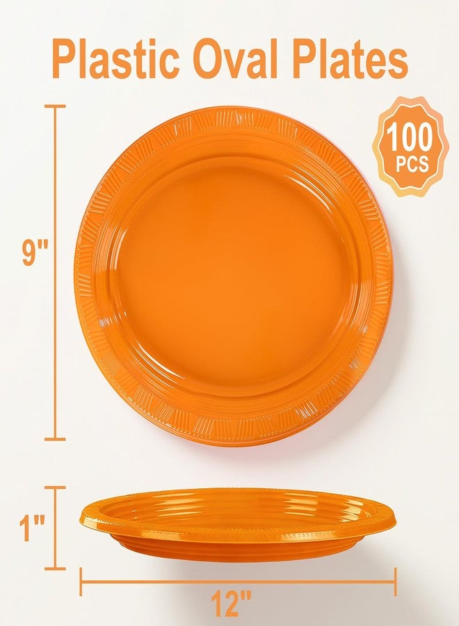 WELLIFE 100pcs Orange 12 Inch Oval Plastic Plates, Disposable Durable Oval Serving Platters, Large Plastic Oval Dinner Plates for Camping, Fall Party, Outdoor BBQ, Picnic & Harvest Events - Image 3