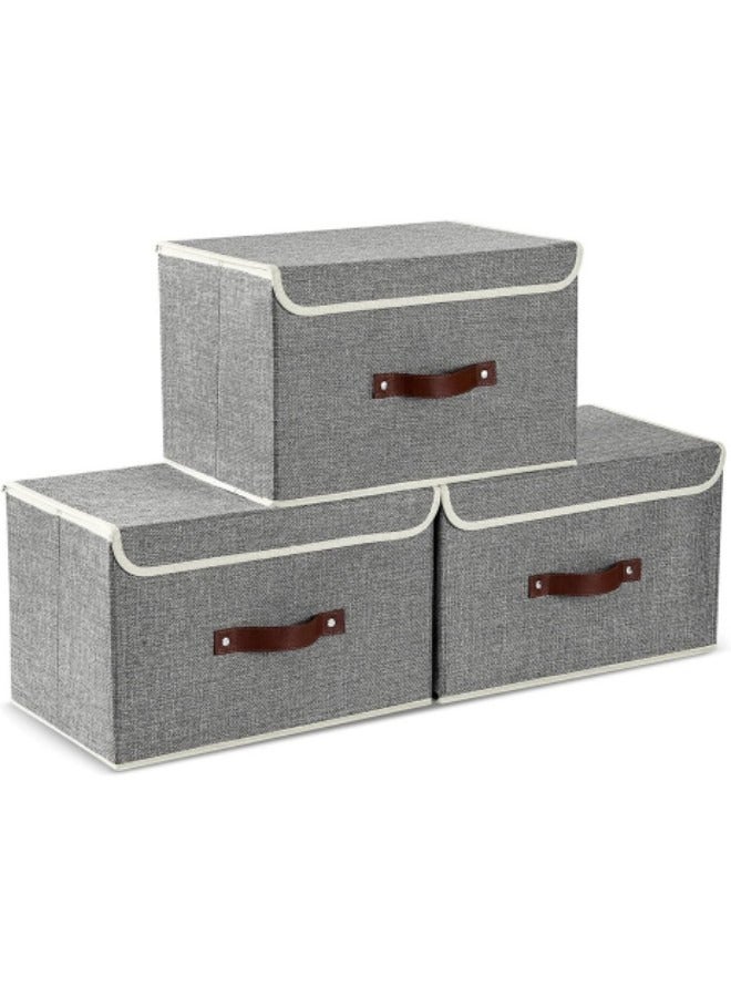 GGEROU Storage Bins with Lids, Set of 3 Foldable Storage Boxes with Lids and Leather Handle, Closet Organizers for Clothes Storage - Image 1