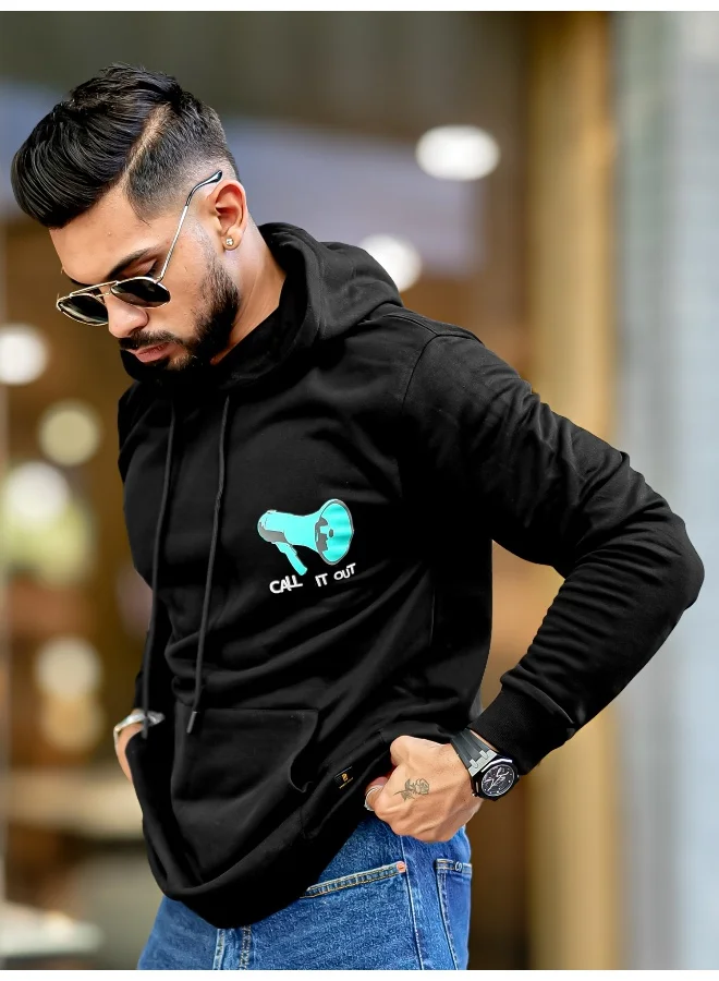 Maniac Maniac Mens Printed Hooded Neck Full Sleeve Black & White Cotton Fleece Oversized Sweatshirt