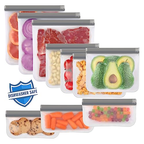 Lerine 10 Pack Dishwasher Safe Reusable Bags Silicone, Leakproof Reusable Freezer Bags, BPA Free Food Storage Bags for Lunch Marinate Food Travel(Grey) - 3 Gallon 4 Sandwich 3 Snack Bags - Image 1