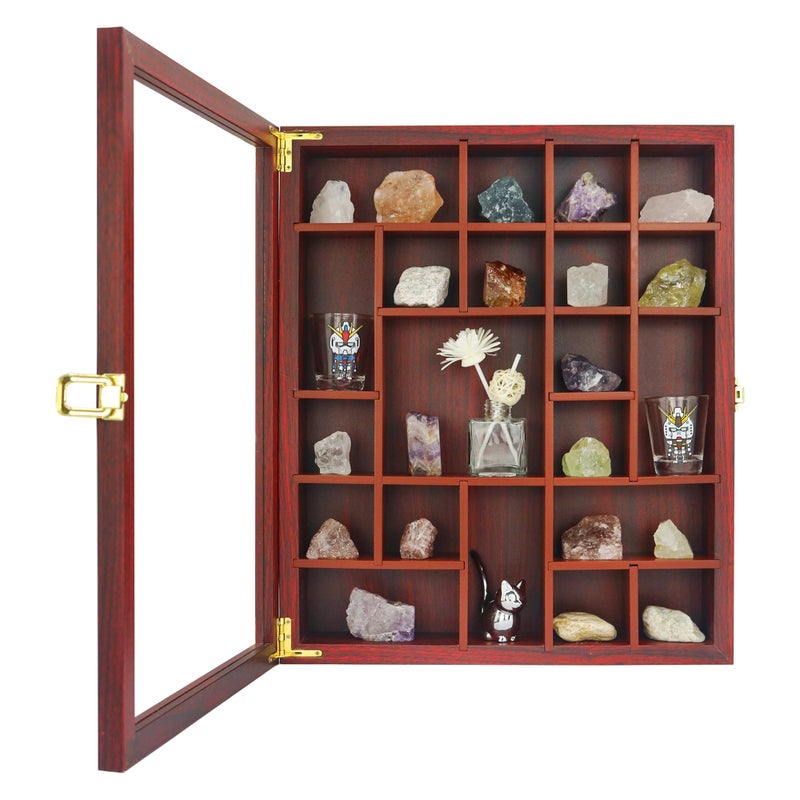 FramePro Rock Display Case - Adjustable Mineral Collection Box with Glass Lid, Wooden Cabinet for Rock, Fossil, Crystal, Seashell Collections - Geology Gift for Adults/Kids (16" x 13.5", Cherry) - Image 1