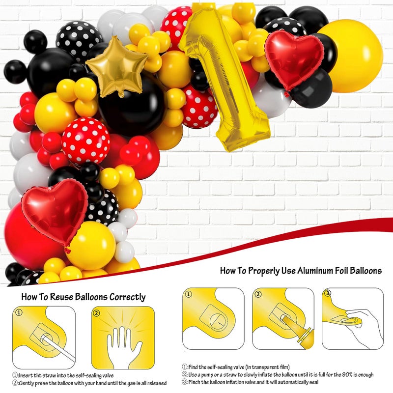 jenmir 1st Birthday Decorations for Boys - Red Black Yellow Balloon Arch Garland Kit with 5x3ft ONE-derful Backdrop - Number 1 Foil Balloon, Red Tablecloth, Star Heart Balloons for Cartoon Theme First Bday - Image 4